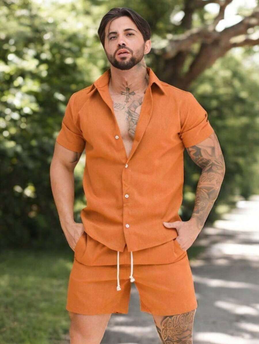 Conjunto Masculino Camisa Linho Masculino Linho botão Bermuda Linho