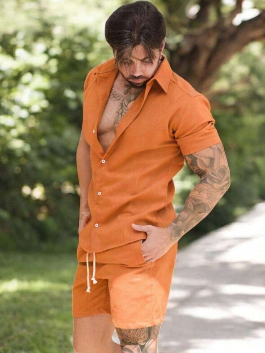 Conjunto Masculino Camisa Linho Masculino Linho botão Bermuda Linho