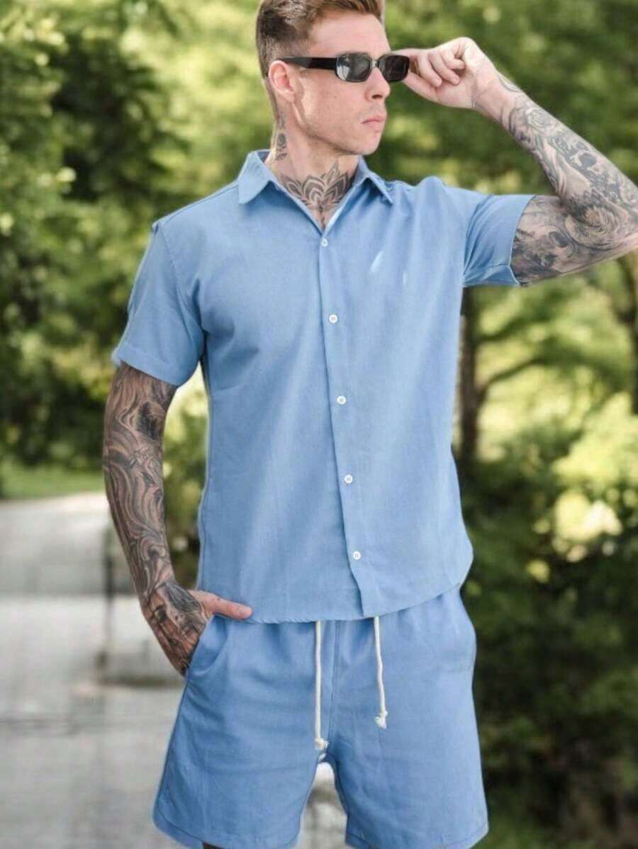 Conjunto Masculino Camisa Linho Masculino Linho botão Bermuda Linho