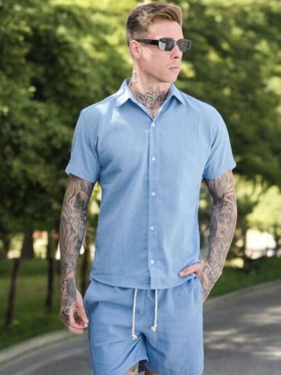 Conjunto Masculino Camisa Linho Masculino Linho botão Bermuda Linho