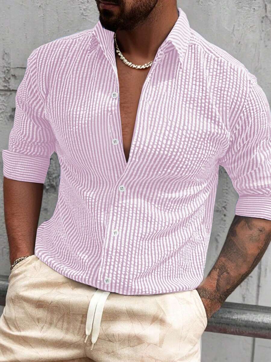 Camisa Masculina de Tecido Texturizado com Listras