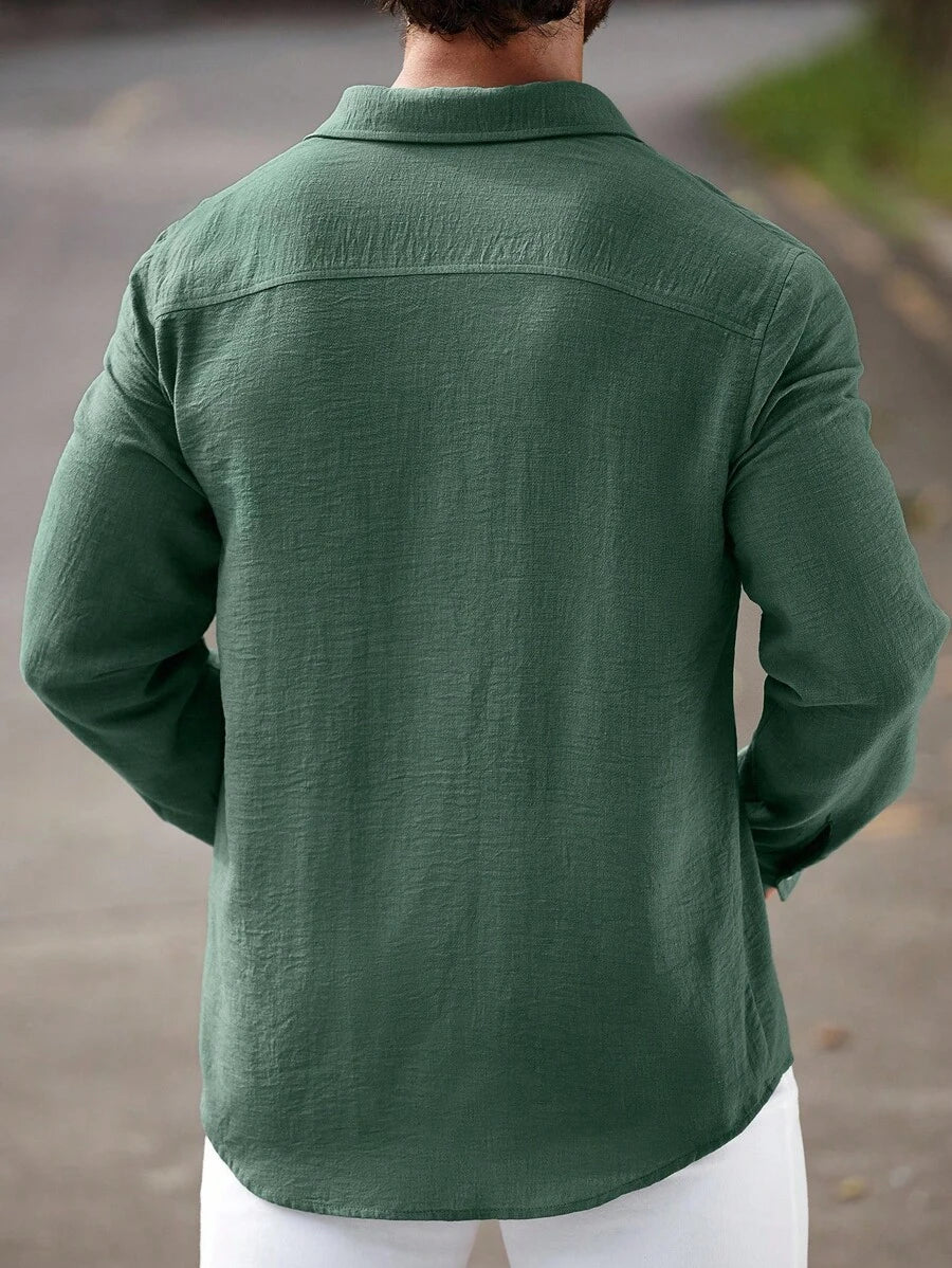 Camisa Masculina Casual de Linho de Manga Longa com Abotoamento Clock