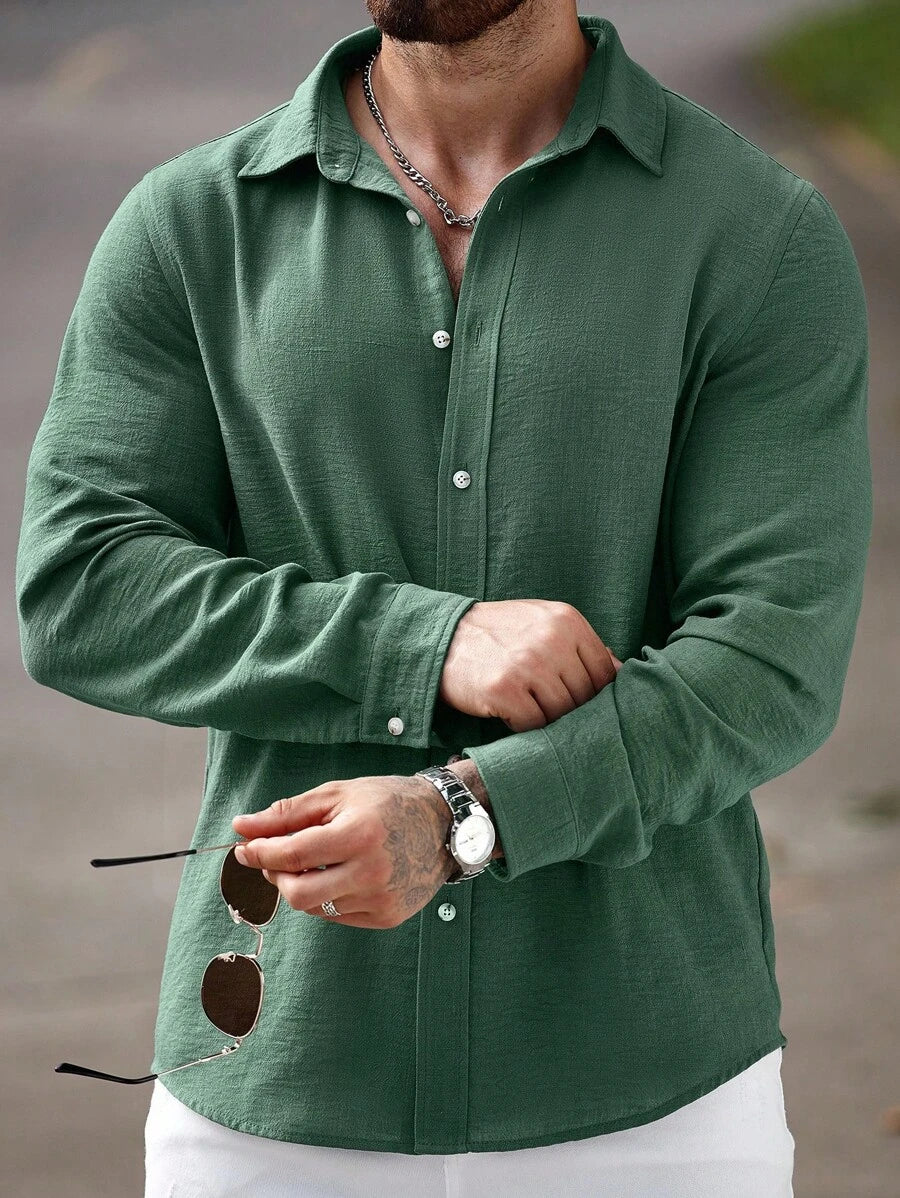 Camisa Masculina Casual de Linho de Manga Longa com Abotoamento Clock