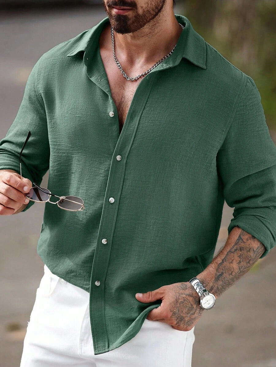 Camisa Masculina Casual de Linho de Manga Longa com Abotoamento Clock