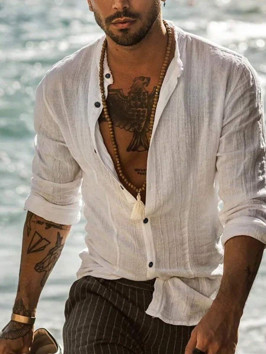 Camisa de Manga Longa Casual Minimalista com Listras Maratá