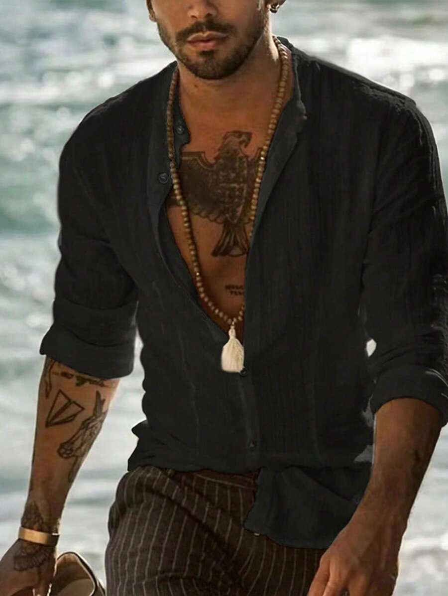 Camisa de Manga Longa Casual Minimalista com Listras Maratá