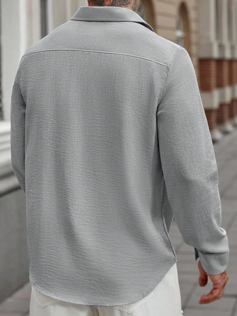 Camisa Masculina Casual de Linho de Manga Longa com Abotoamento Clock