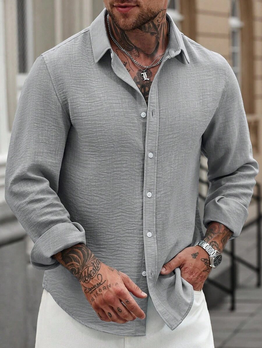 Camisa Masculina Casual de Linho de Manga Longa com Abotoamento Clock