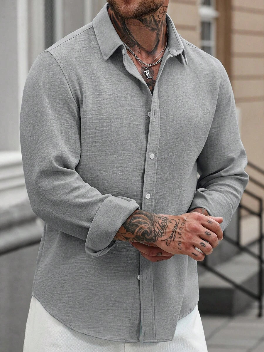 Camisa Masculina Casual de Linho de Manga Longa com Abotoamento Clock