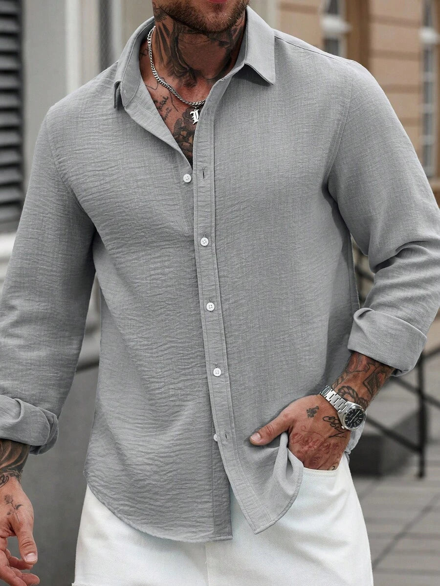 Camisa Masculina Casual de Linho de Manga Longa com Abotoamento Clock