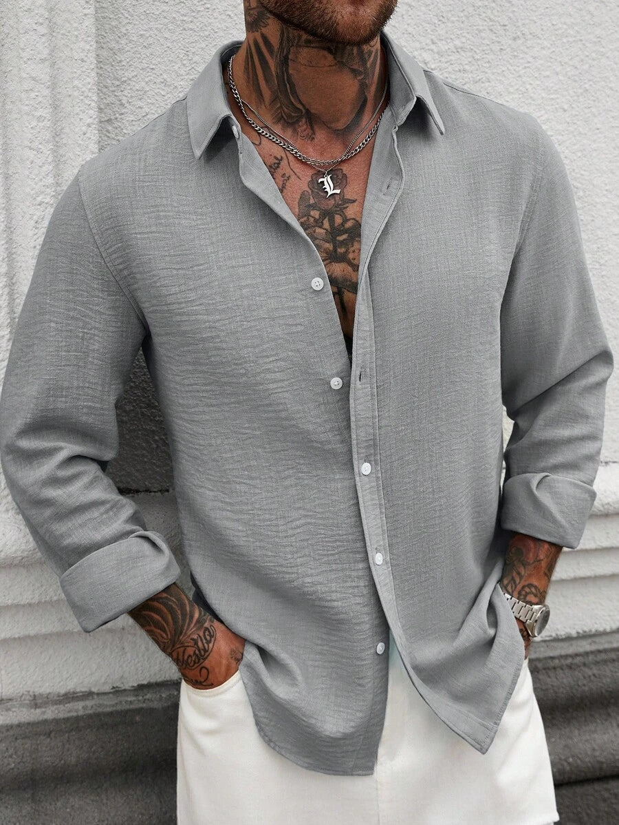 Camisa Masculina Casual de Linho de Manga Longa com Abotoamento Clock