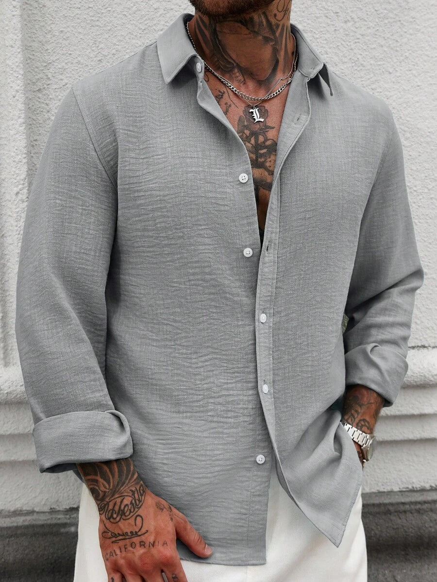 Camisa Masculina Casual de Linho de Manga Longa com Abotoamento Clock