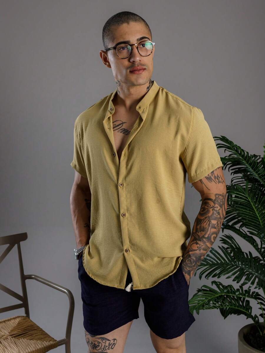 Camisa Masculina Manga Curta Gola Padre Confortável Tendencia Verão