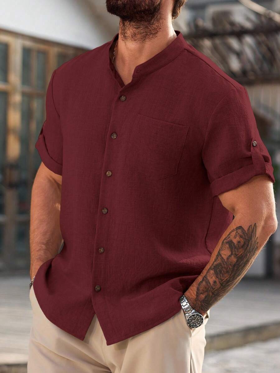 Camisa Masculina Casual de Manga Curta Solta e de Cor Sólida