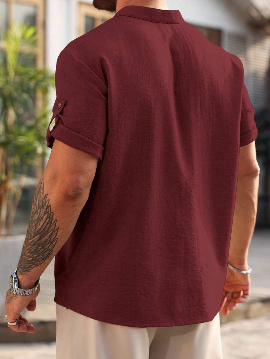 Camisa Masculina Casual de Manga Curta Solta e de Cor Sólida