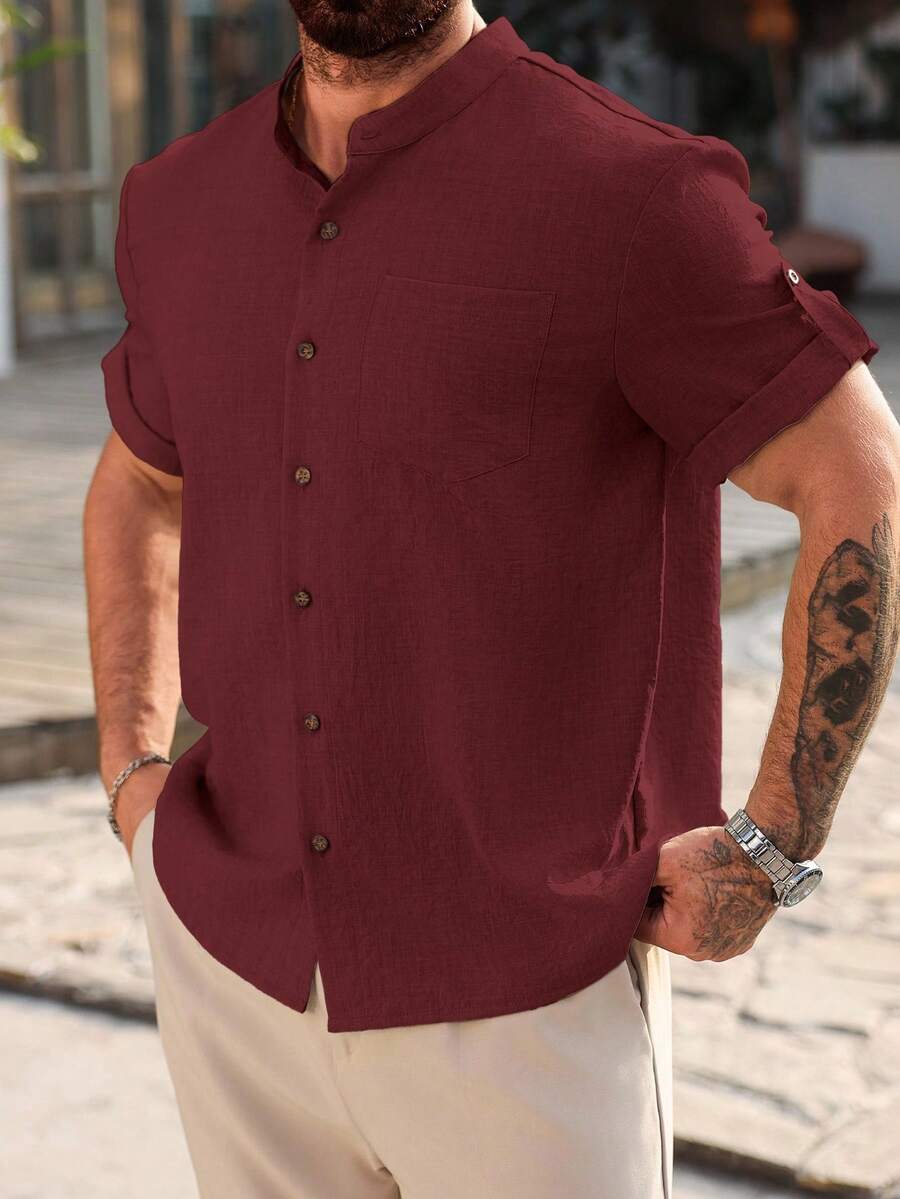 Camisa Masculina Casual de Manga Curta Solta e de Cor Sólida