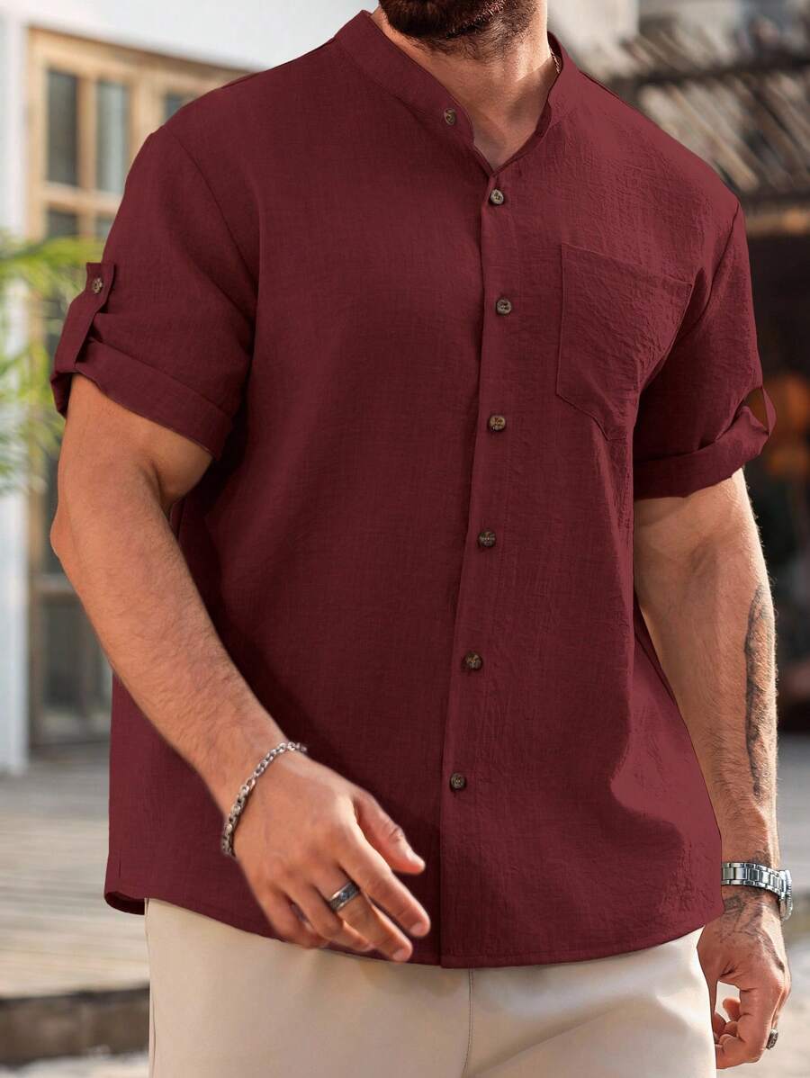 Camisa Masculina Casual de Manga Curta Solta e de Cor Sólida