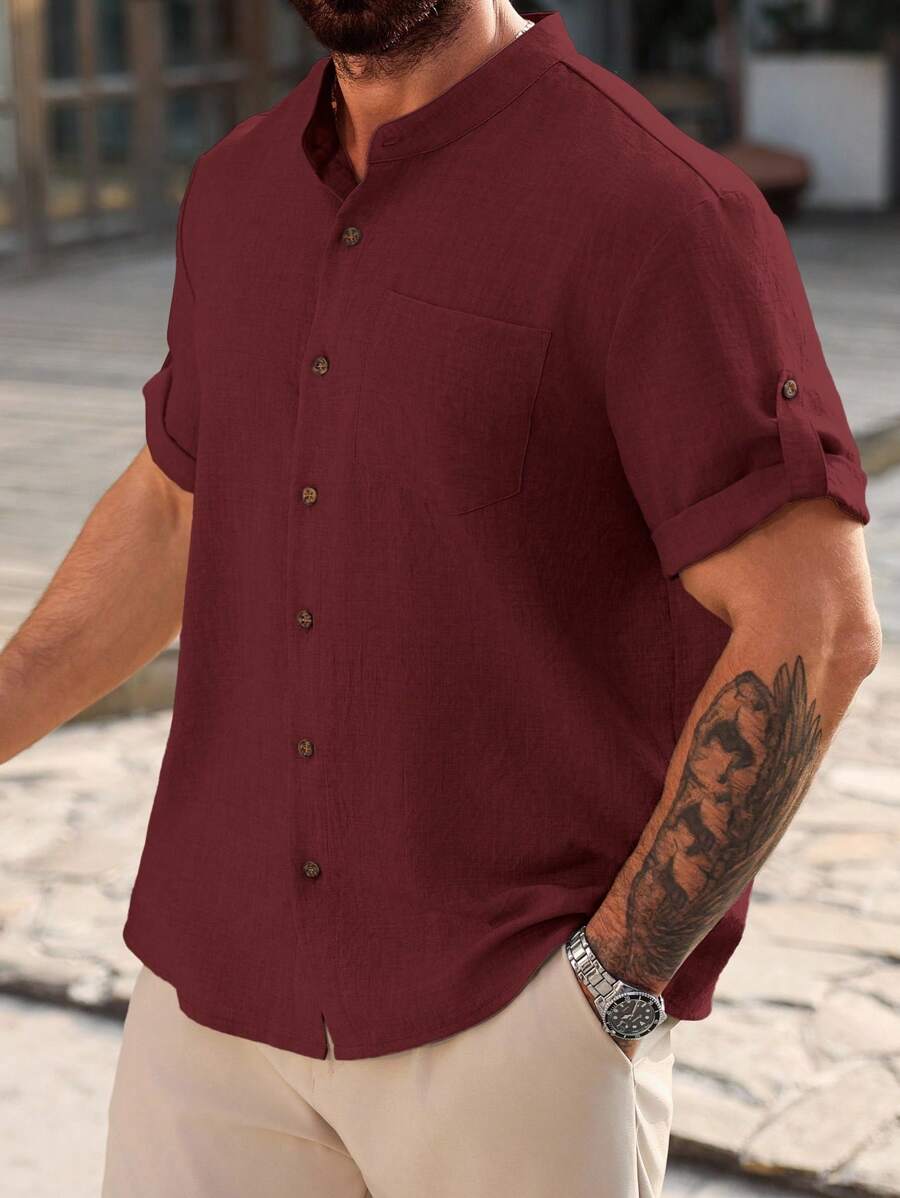 Camisa Masculina Casual de Manga Curta Solta e de Cor Sólida