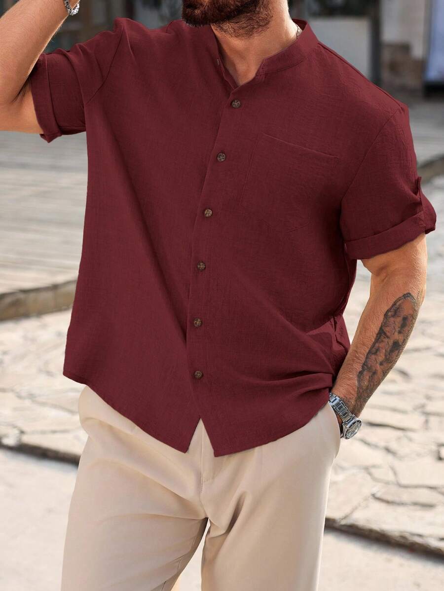 Camisa Masculina Casual de Manga Curta Solta e de Cor Sólida