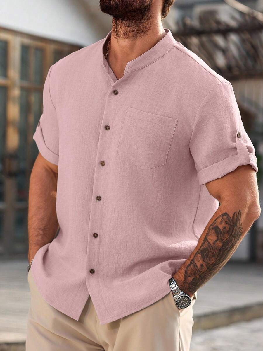 Camisa Masculina Casual de Manga Curta Solta e de Cor Sólida