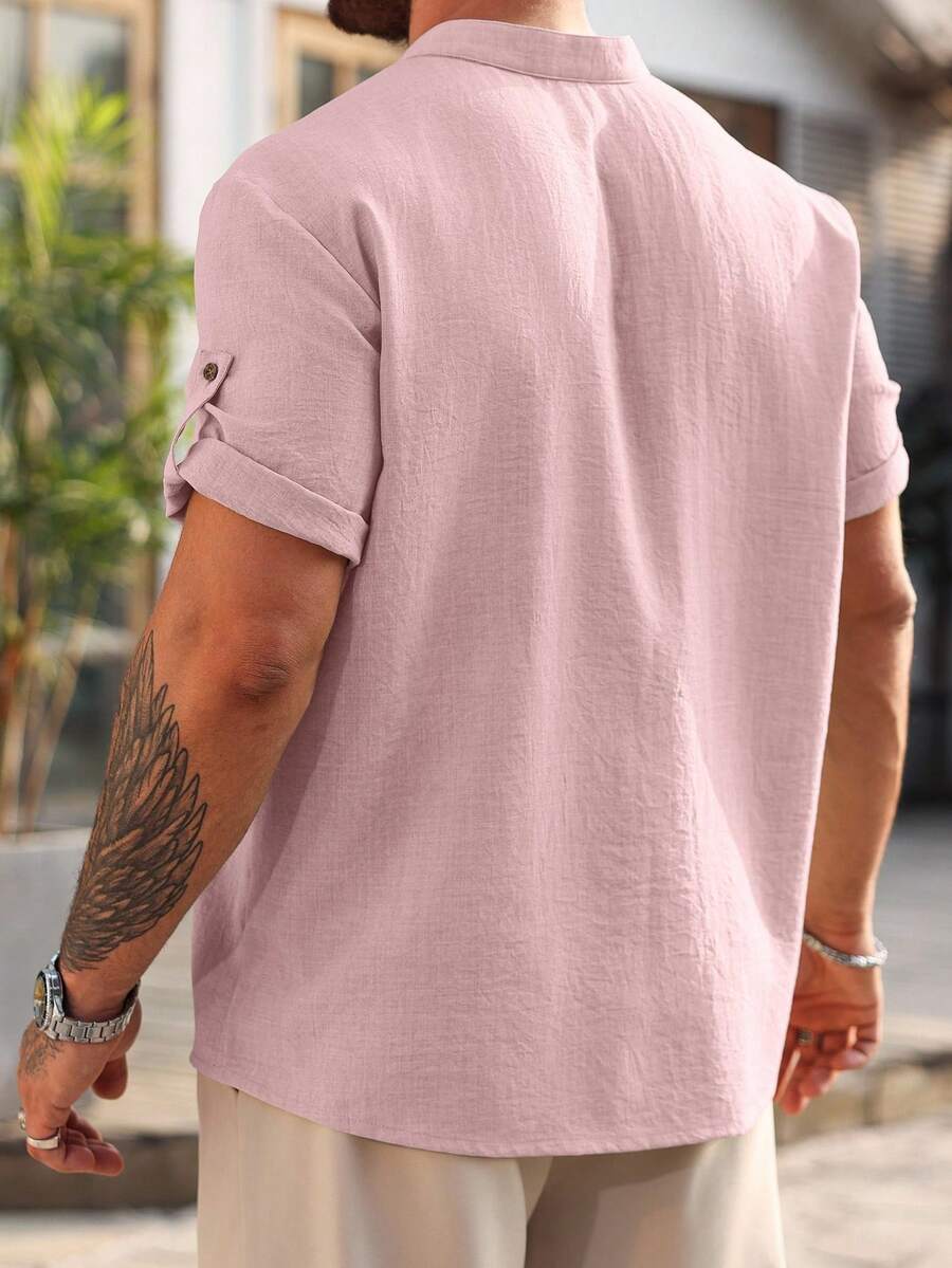 Camisa Masculina Casual de Manga Curta Solta e de Cor Sólida