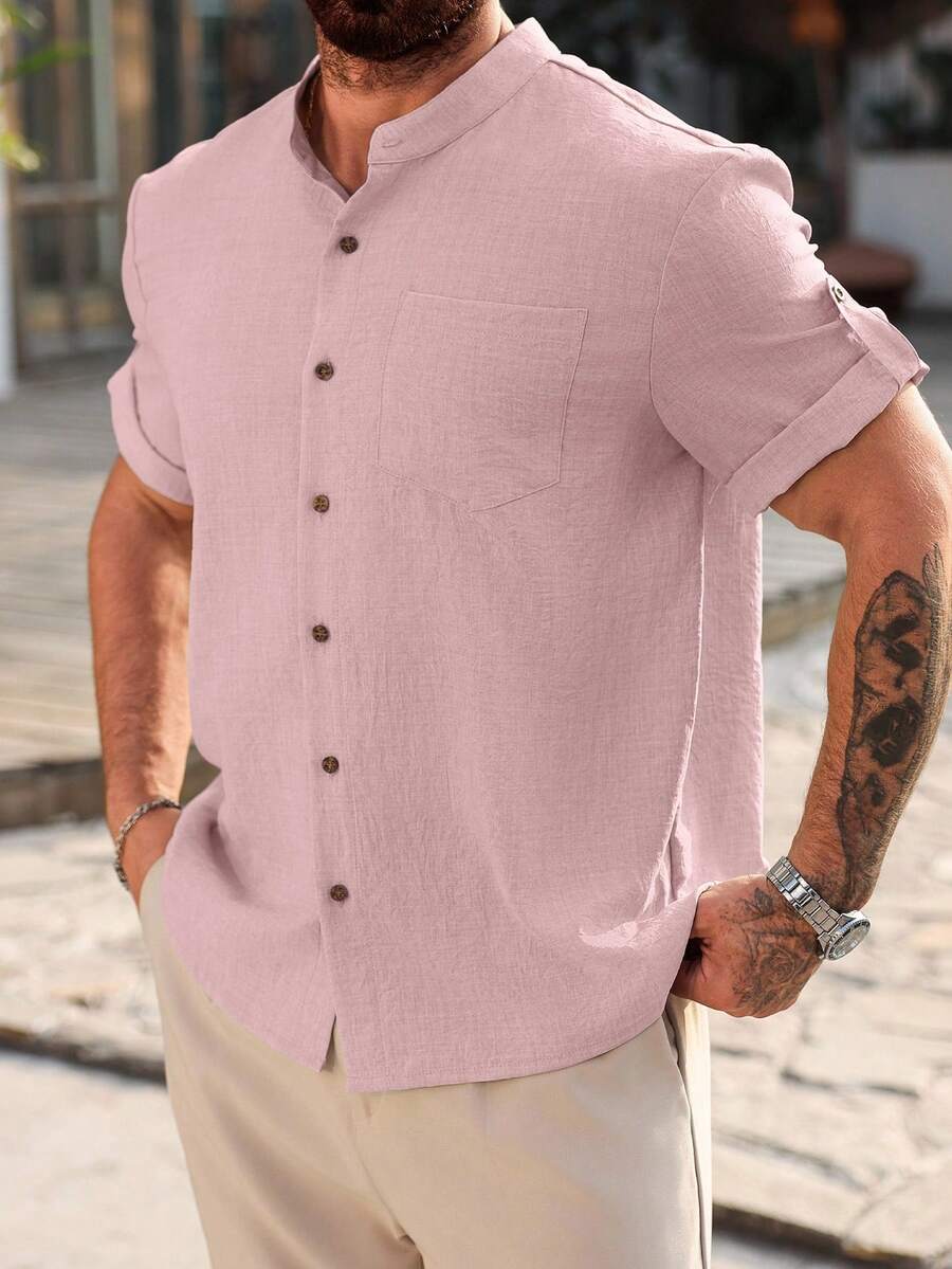 Camisa Masculina Casual de Manga Curta Solta e de Cor Sólida