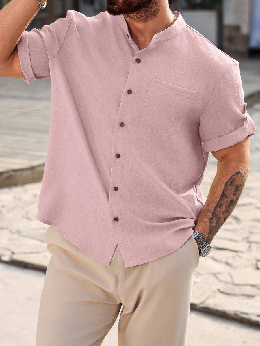 Camisa Masculina Casual de Manga Curta Solta e de Cor Sólida