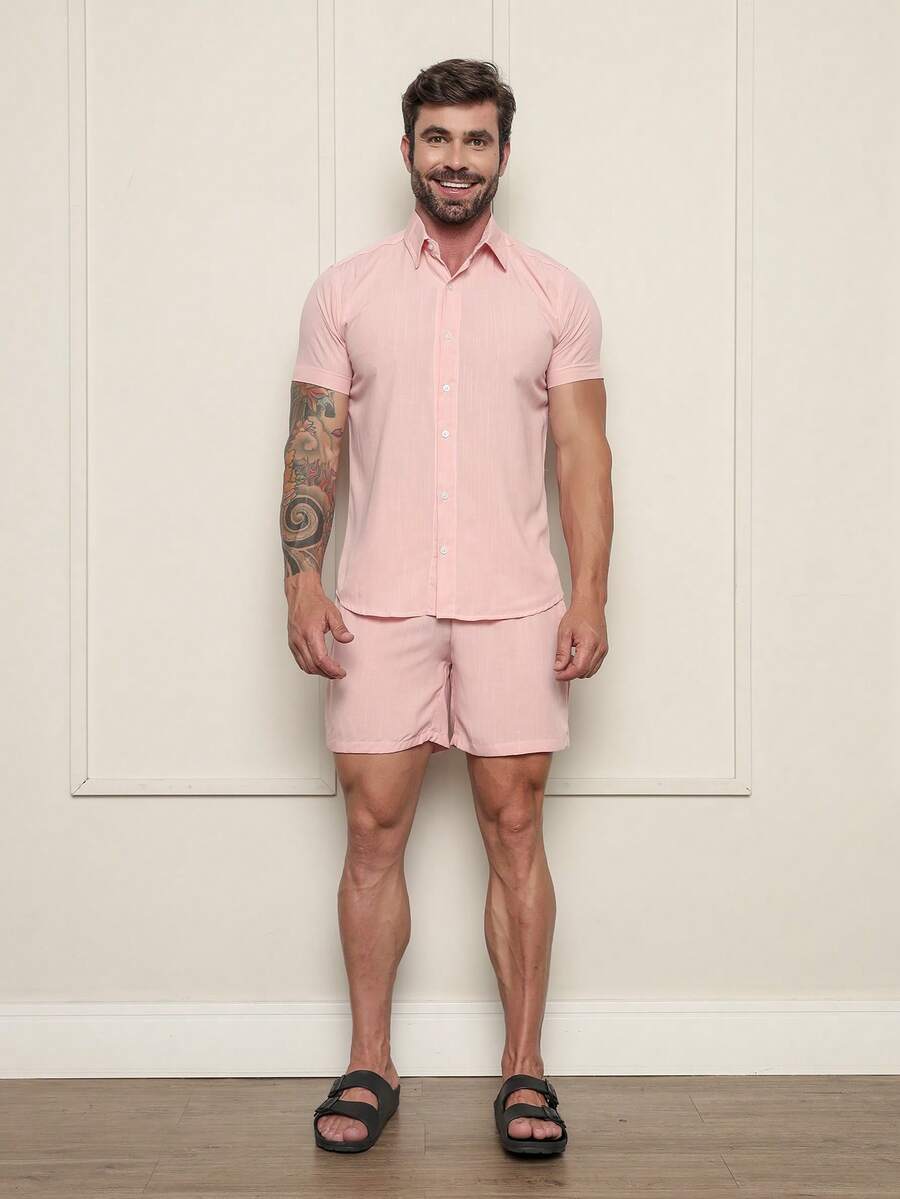 Conjunto Masculina  Camisa e Shorts lisa Slim em viscose e linho