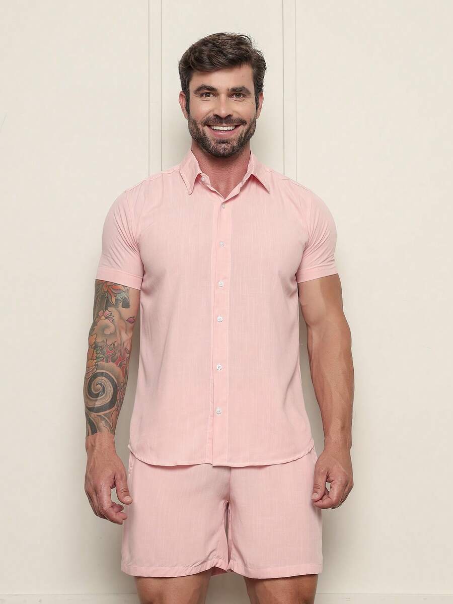Conjunto Masculina  Camisa e Shorts lisa Slim em viscose e linho