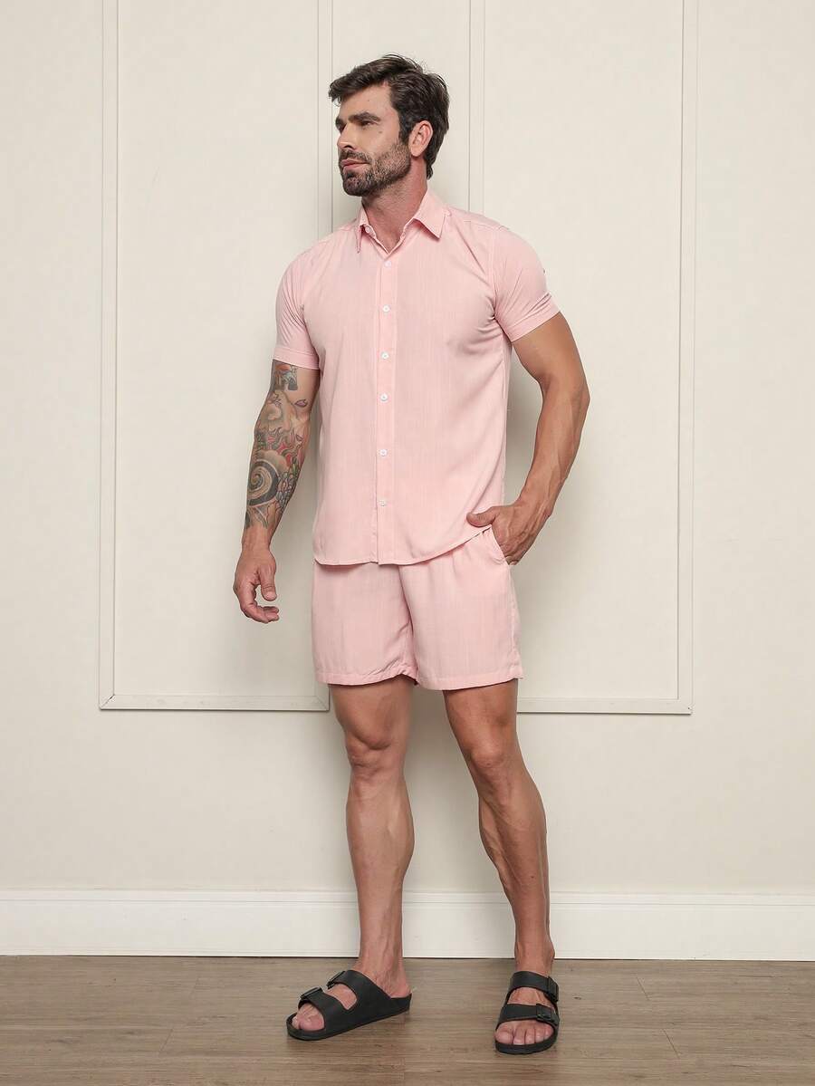Conjunto Masculina  Camisa e Shorts lisa Slim em viscose e linho