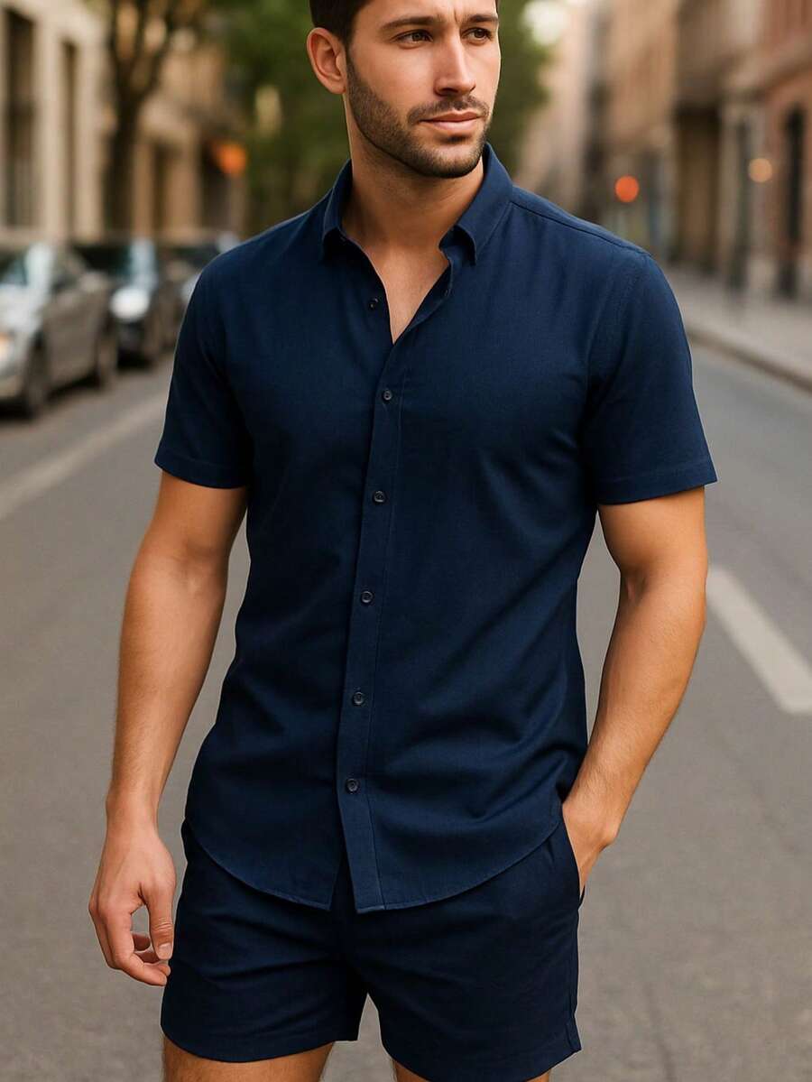 Conjunto Masculina  Camisa e Shorts lisa Slim em viscose e linho