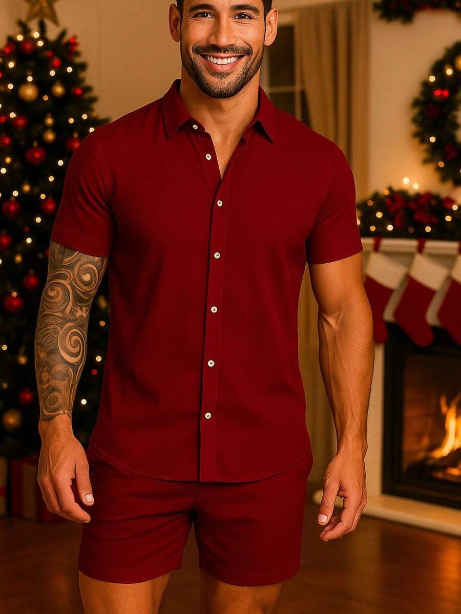 Conjunto Masculina  Camisa e Shorts lisa Slim em viscose e linho