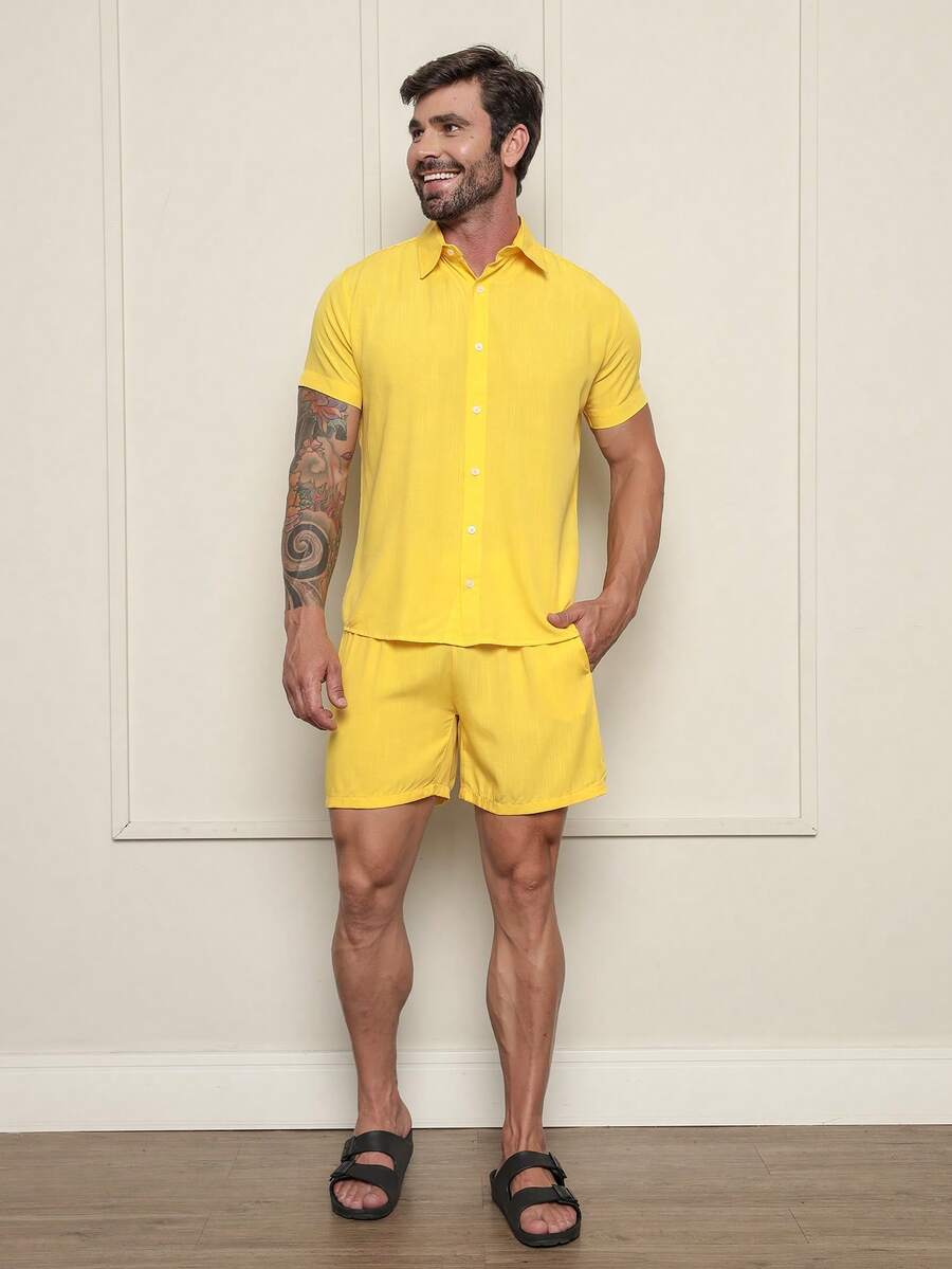 Conjunto Masculina  Camisa e Shorts lisa Slim em viscose e linho