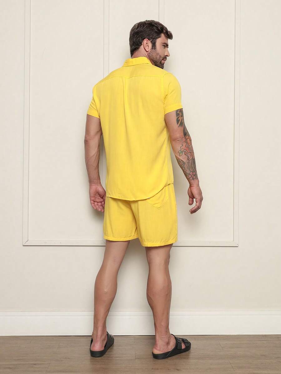 Conjunto Masculina  Camisa e Shorts lisa Slim em viscose e linho