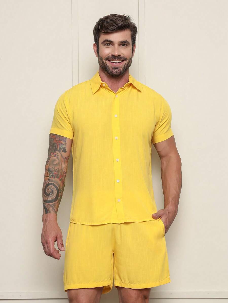 Conjunto Masculina  Camisa e Shorts lisa Slim em viscose e linho