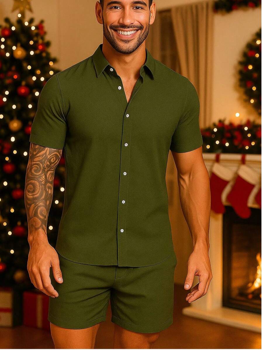 Conjunto Masculina  Camisa e Shorts lisa Slim em viscose e linho