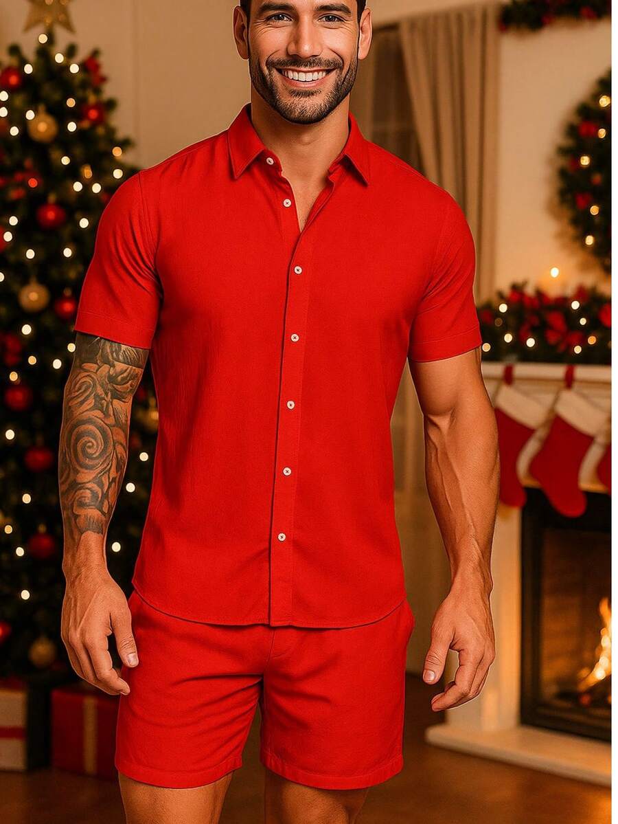 Conjunto Masculina  Camisa e Shorts lisa Slim em viscose e linho