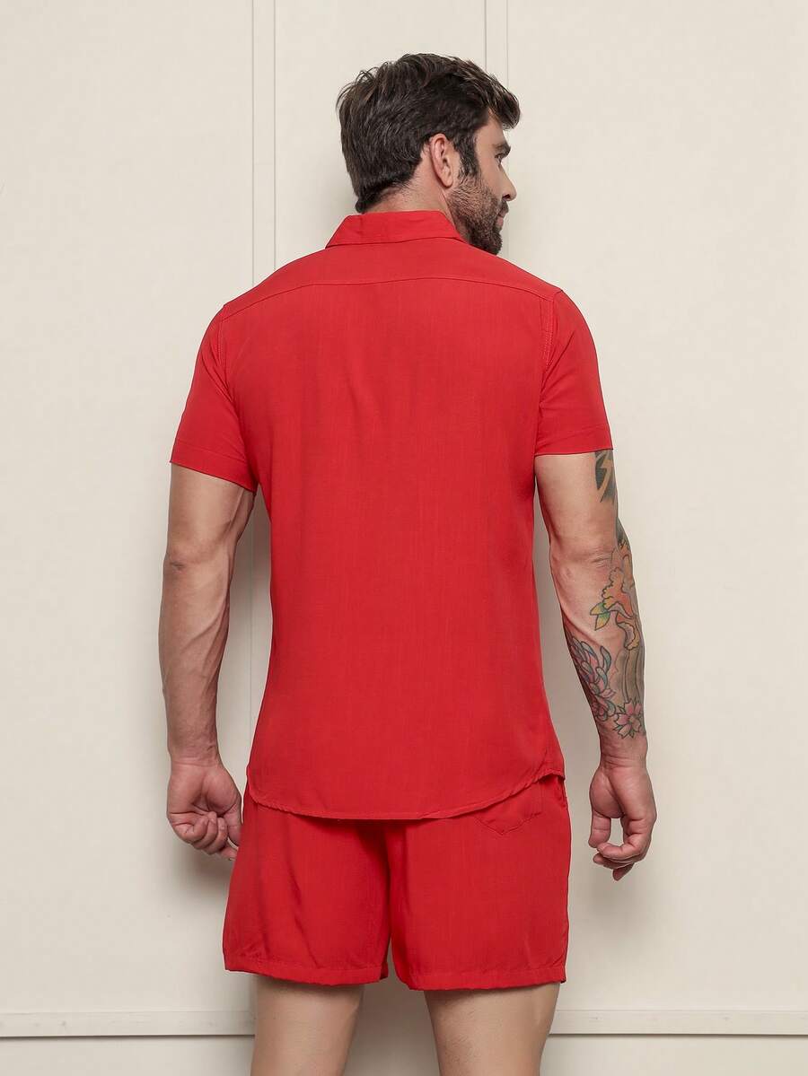 Conjunto Masculina  Camisa e Shorts lisa Slim em viscose e linho