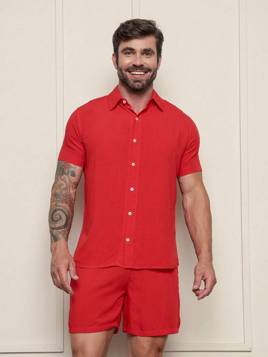 Conjunto Masculina  Camisa e Shorts lisa Slim em viscose e linho