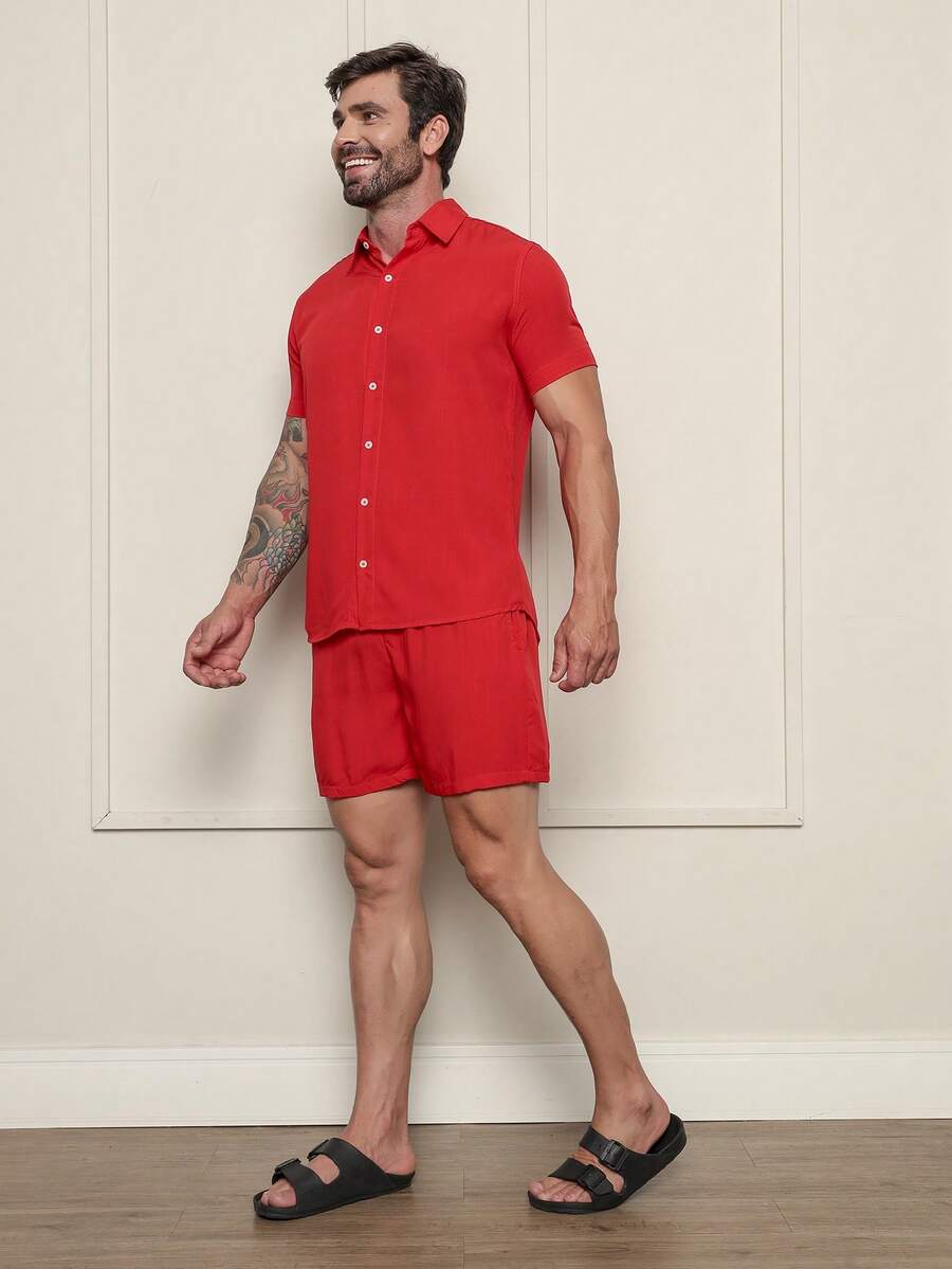 Conjunto Masculina  Camisa e Shorts lisa Slim em viscose e linho