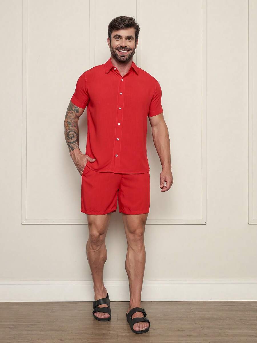 Conjunto Masculina  Camisa e Shorts lisa Slim em viscose e linho