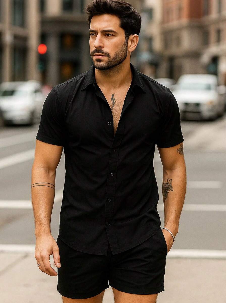 Conjunto Masculina  Camisa e Shorts lisa Slim em viscose e linho