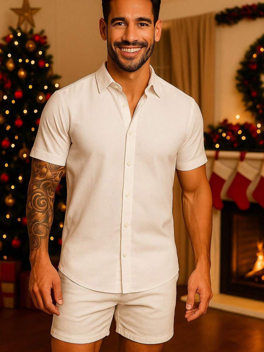 Conjunto Masculina  Camisa e Shorts lisa Slim em viscose e linho