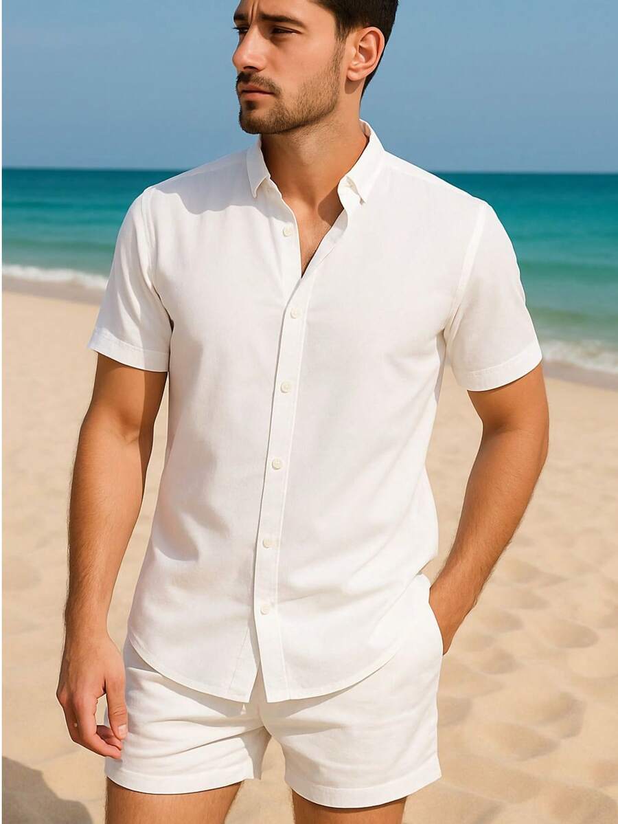 Conjunto Masculina  Camisa e Shorts lisa Slim em viscose e linho