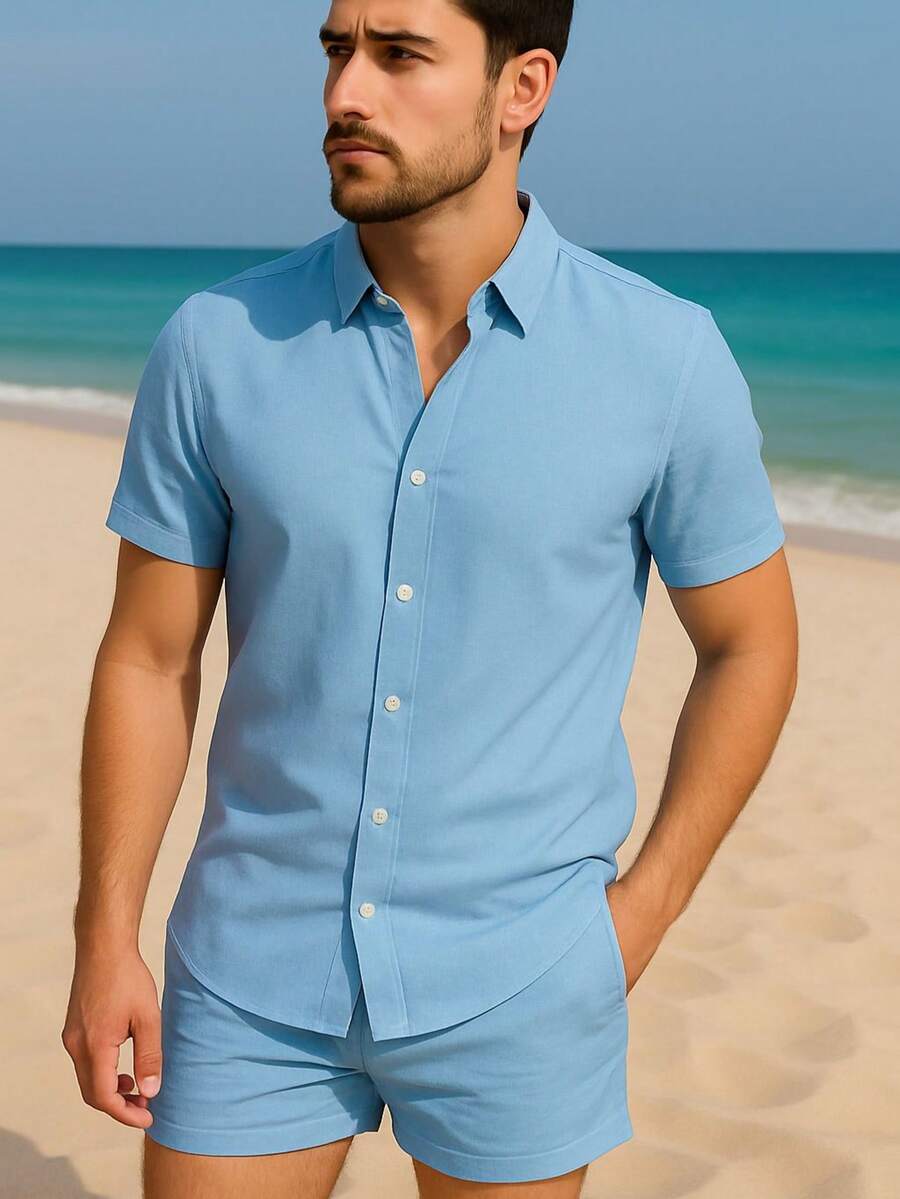 Conjunto Masculina  Camisa e Shorts lisa Slim em viscose e linho