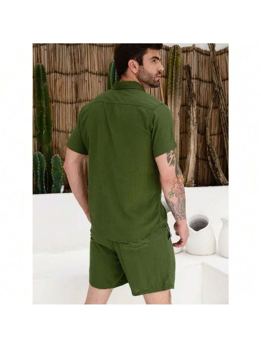 Conjunto Masculina  Camisa e Shorts lisa Slim em viscose e linho