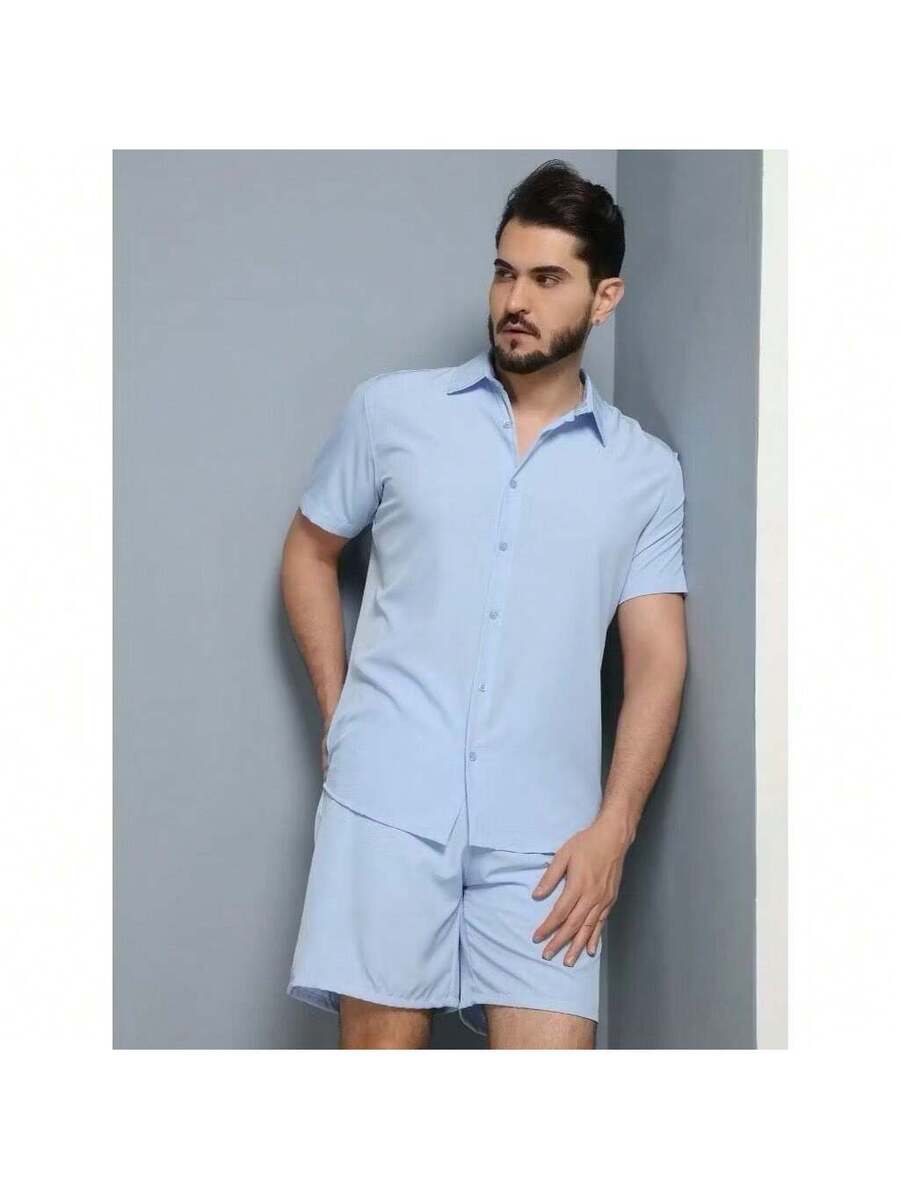 Conjunto Masculina  Camisa e Shorts lisa Slim em viscose e linho
