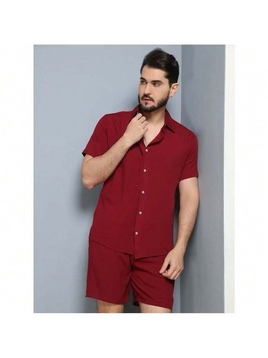 Conjunto Masculina  Camisa e Shorts lisa Slim em viscose e linho