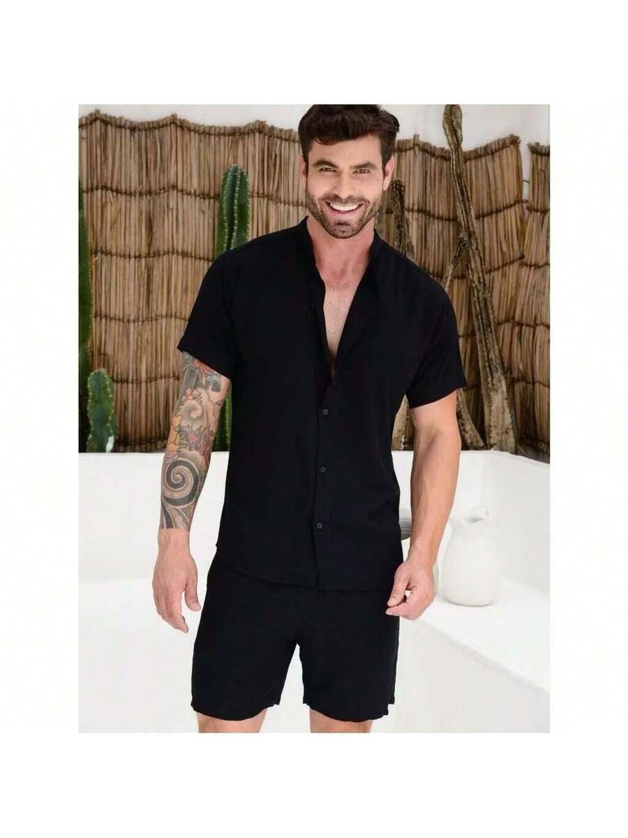 Conjunto Masculina  Camisa e Shorts lisa Slim em viscose e linho