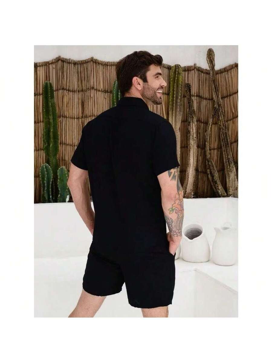 Conjunto Masculina  Camisa e Shorts lisa Slim em viscose e linho